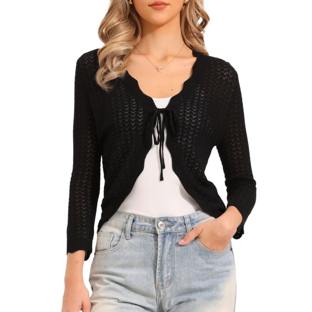 Women Crochet Tie Front Cardigan Bolero Shrug Knit Crop Tops Black